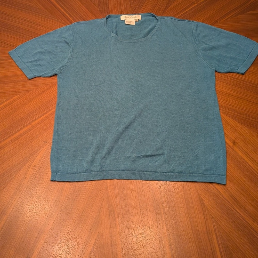 Great Cavalier Knit Top Women Medium Teal Blue Excellent 100% Silk Short Sleeve
